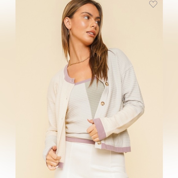 🆕Color Block Button Down Cardigan W/Pockets Matching Cami Top Cream Purple Gray - Picture 2 of 10